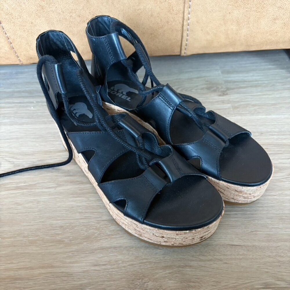 ** Sorel Cameron Flatform Lace Leather Sandals Black Sz 9 NL4625-010